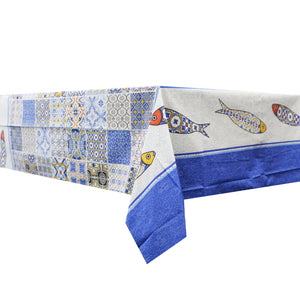50% Cotton and Polyester Felular Regional Portuguese with Blue Multicolor Tile Pattern Made in Portugal Tablecloth