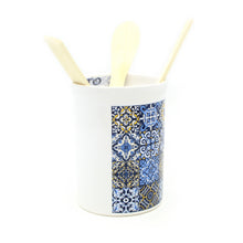 Load image into Gallery viewer, Portuguese Tile Azulejo Ceramic Utensil Holder with Wooden Utensil Set

