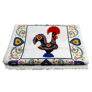 31" x 47" Good Luck Rooster Galo de Barcelos White Table Linen with Fringe