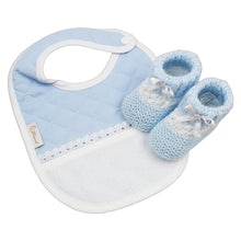 Load image into Gallery viewer, Portuguese Unisex Blue Baby Classic Snap Closure Cross Stitch Bib and Booties Set
