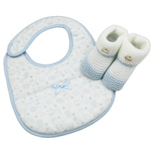 Load image into Gallery viewer, Portuguese Blue Baby Classic Snap Bib with Bow and Booties Set
