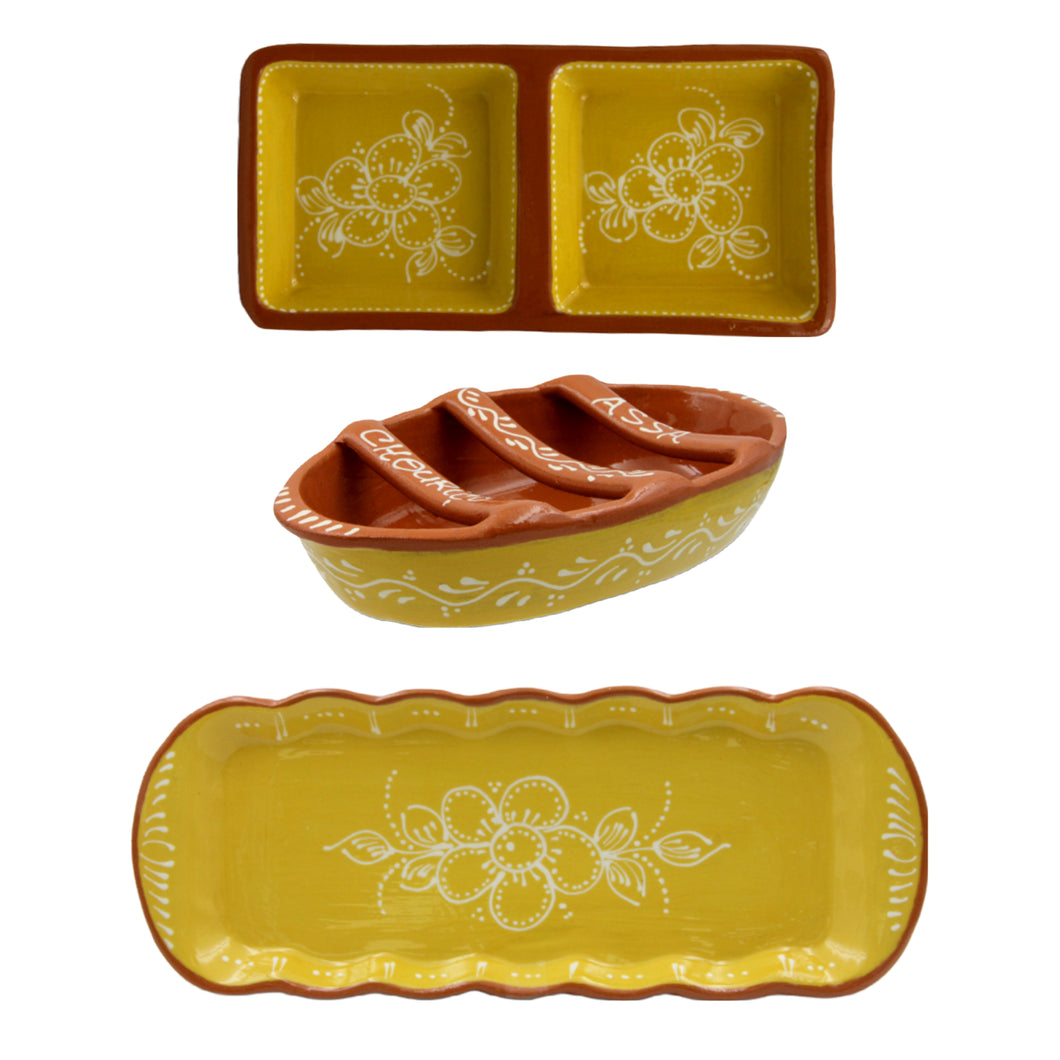 Hand Painted Traditional Yellow Terracotta Appetizer Dish, Sausage Roaster, and Tart Tray Set