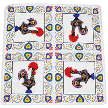 Load image into Gallery viewer, 31"x31" Good Luck Rooster Galo de Barcelos Square White Table Linen with Fringe