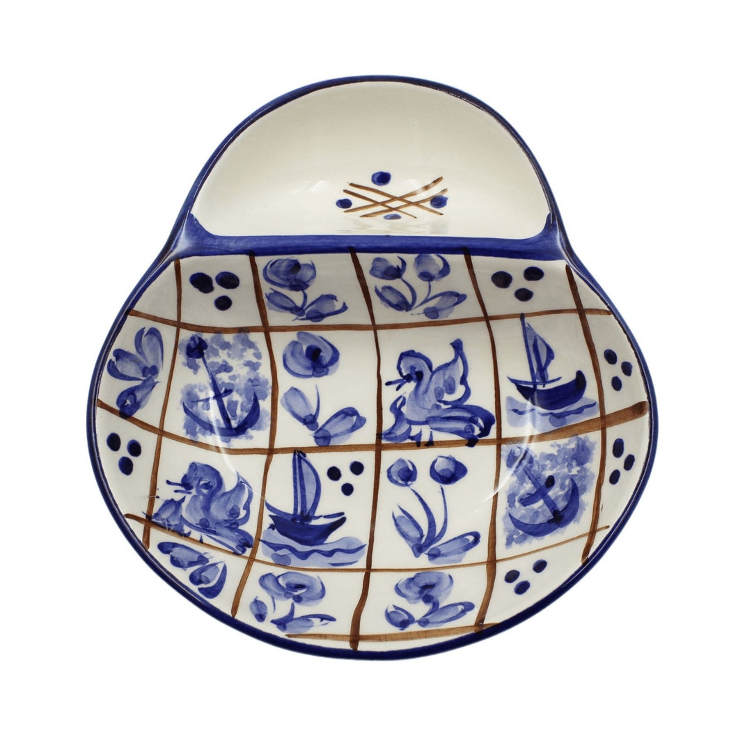 Hand-Painted Portuguese Ceramic Blue Mosaic Small Olive Dish with Pit Holder