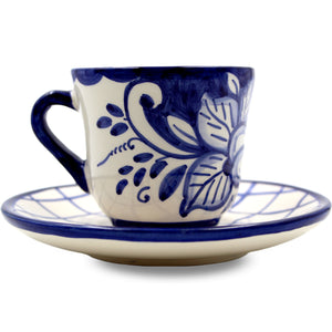 Hand-Painted Portuguese Pottery Clay Terracotta Blue Espresso Cup and Saucer, Set of 2