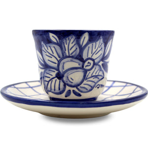 Hand-Painted Portuguese Pottery Clay Terracotta Blue Espresso Cup and Saucer, Set of 2