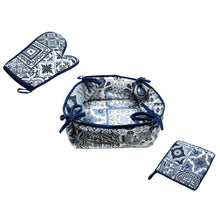 Load image into Gallery viewer, 100% Cotton Portugal Blue Tile Azulejo Oven Mitt, Bread Basket, and Pot Holder Set
