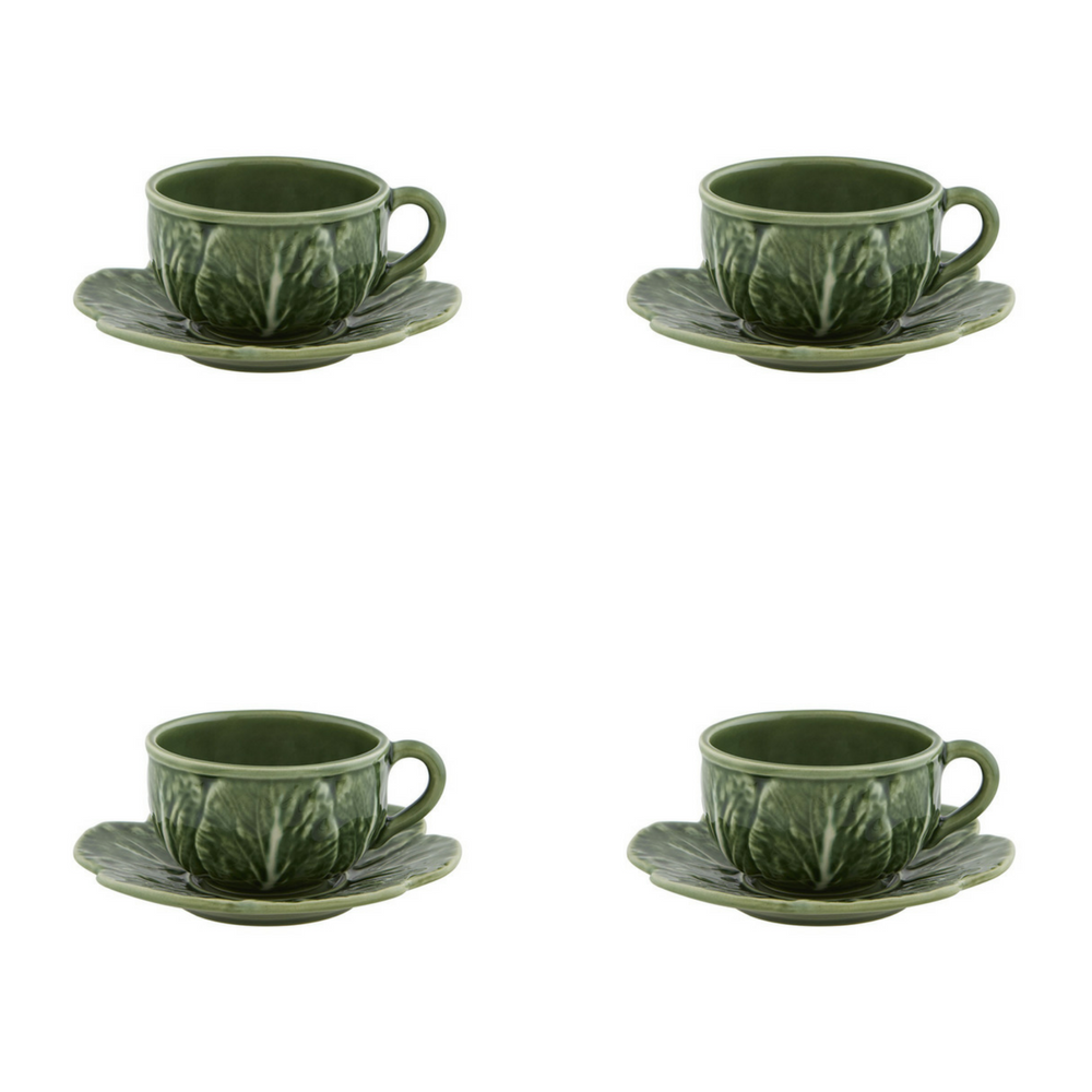 Bordallo Pinheiro Cabbage Tea Cup and Saucers, Set of 4