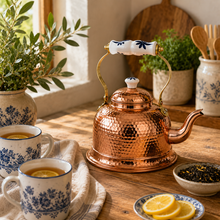 Load image into Gallery viewer, Store- Hand Hammered Portuguese Copper Tea Kettle with Ceramic Floral
