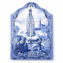 Load image into Gallery viewer, Portuguese Ceramic Tile Blue Wall Panel – Our Lady of Fátima with Shepherd Children, Blue Azulejo Border (11.75" W x 17.5" H)

