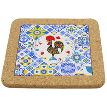 Load image into Gallery viewer, Portuguese Cork &amp; Ceramic Tile Trivet with Azulejo Rooster Design
