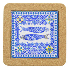 Load image into Gallery viewer, Portuguese Cork &amp; Ceramic Tile Trivet with Azulejo Sardine Design
