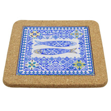 Load image into Gallery viewer, Portuguese Cork &amp; Ceramic Tile Trivet with Azulejo Sardine Design
