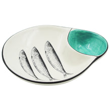 Load image into Gallery viewer, Portuguese Ceramic Olive Dish with Sardine Design and Pit Holder - Green
