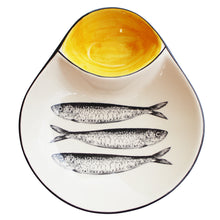 Load image into Gallery viewer, Portuguese Ceramic Olive Dish with Sardine Design and Pit Holder - Yellow
