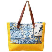 Load image into Gallery viewer, Praceta Lisboa Yellow Canvas Tote Bag with Blue Azulejo Tile Design and Leather Straps
