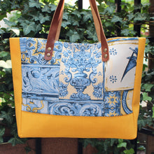 Load image into Gallery viewer, Praceta Lisboa Yellow Canvas Tote Bag with Blue Azulejo Tile Design and Leather Straps
