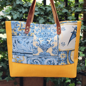 Praceta Lisboa Yellow Canvas Tote Bag with Blue Azulejo Tile Design and Leather Straps