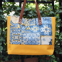 Load image into Gallery viewer, Praceta Lisboa Yellow Canvas Tote Bag with Blue Azulejo Tile Design and Leather Straps
