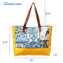 Load image into Gallery viewer, Praceta Lisboa Yellow Canvas Tote Bag with Blue Azulejo Tile Design and Leather Straps
