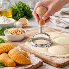 Load image into Gallery viewer, Portuguese Vertical Rissóis Cutter with Wooden Handle – Stainless Steel Pastry &amp; Dumpling Mold
