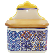 Load image into Gallery viewer, Portuguese Azulejo Ceramic Salt Holder with Pointed Top and Wooden Lid, Yellow
