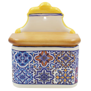 Portuguese Azulejo Ceramic Salt Holder with Pointed Top and Wooden Lid, Yellow