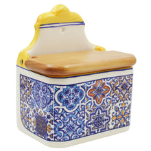 Load image into Gallery viewer, Portuguese Azulejo Ceramic Salt Holder with Pointed Top and Wooden Lid, Yellow
