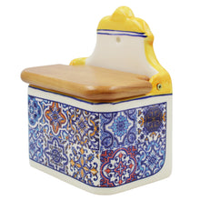 Load image into Gallery viewer, Portuguese Azulejo Ceramic Salt Holder with Pointed Top and Wooden Lid, Yellow
