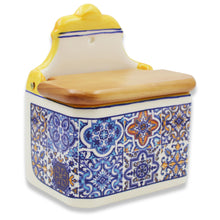 Load image into Gallery viewer, Portuguese Azulejo Ceramic Salt Holder with Pointed Top and Wooden Lid, Yellow
