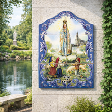 Load image into Gallery viewer, Portuguese Ceramic Tile Wall Panel – Our Lady of Fátima with Shepherd Children, Blue Azulejo Border (11.75" W x 17.5" H)
