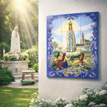 Load image into Gallery viewer, Portuguese Ceramic Tile Wall Panel – Our Lady of Fátima with Shepherd Children, Blue Azulejo Border (17.6" W x 23.6" H)
