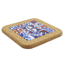 Load image into Gallery viewer, Small Tile &amp; Cork Trivet - Azulejo Portugal Design, Blue &amp; White with Orange Accents
