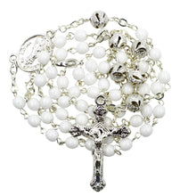 Load image into Gallery viewer, White Glass Bead Rosary with Silver Crucifix and Fatima Medal
