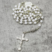 Load image into Gallery viewer, White Glass Bead Rosary with Silver Crucifix and Fatima Medal
