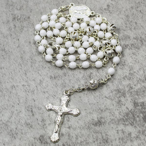 White Glass Bead Rosary with Silver Crucifix and Fatima Medal