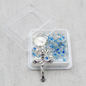 Our Lady of Fatima Rosary with Clear & Blue Beads, Medallion, and Case