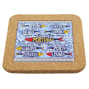 Portuguese Cork & Ceramic Tile Small Trivet with Sardine and City Names Design