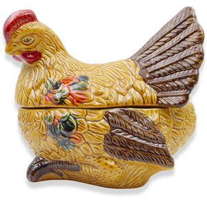 Hand-Painted Ceramic Hen Covered Dish with Lid - Made in Portugal, Farmhouse Style