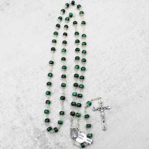 Our Lady of Fatima Rosary with Emerald Green Beads, Medallion, and Case