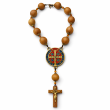 Load image into Gallery viewer, Saint Benedict Hanging Rosary — 21mm Imbuia Wood Beads, Enamel Medal &amp; Crucifix
