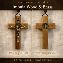 Load image into Gallery viewer, Saint Benedict Hanging Rosary — 21mm Imbuia Wood Beads, Enamel Medal &amp; Crucifix
