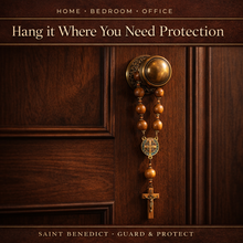 Load image into Gallery viewer, Saint Benedict Hanging Rosary — 21mm Imbuia Wood Beads, Enamel Medal &amp; Crucifix
