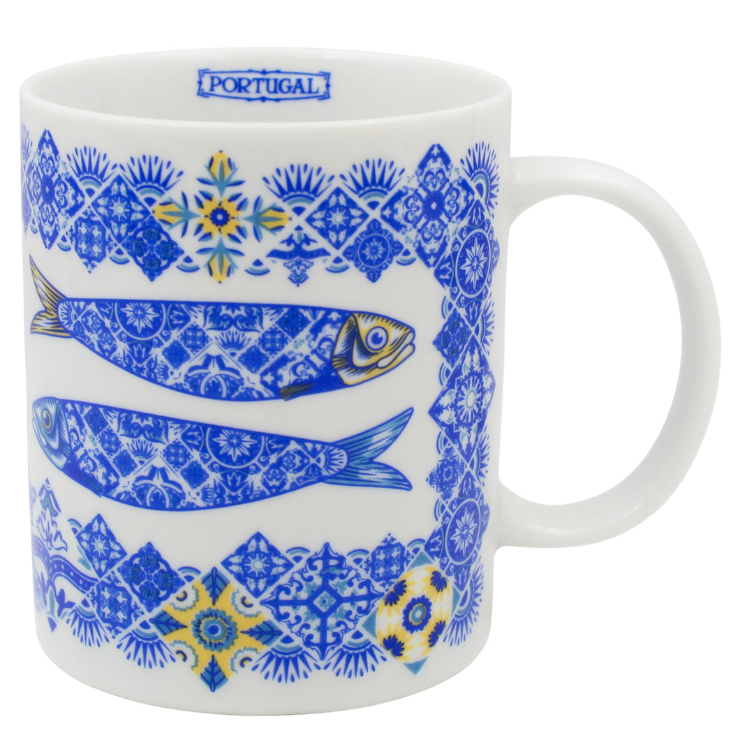 Portuguese Ceramic Mug with Blue and Yellow Sardine and Tile Design, 12 oz