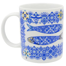 Load image into Gallery viewer, Portuguese Ceramic Mug with Blue and Yellow Sardine and Tile Design, 12 oz
