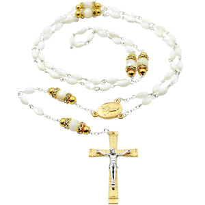 Our Lady of Fatima Rosary - White Mother of Pearl Oval Beads with Gold Tone Accents