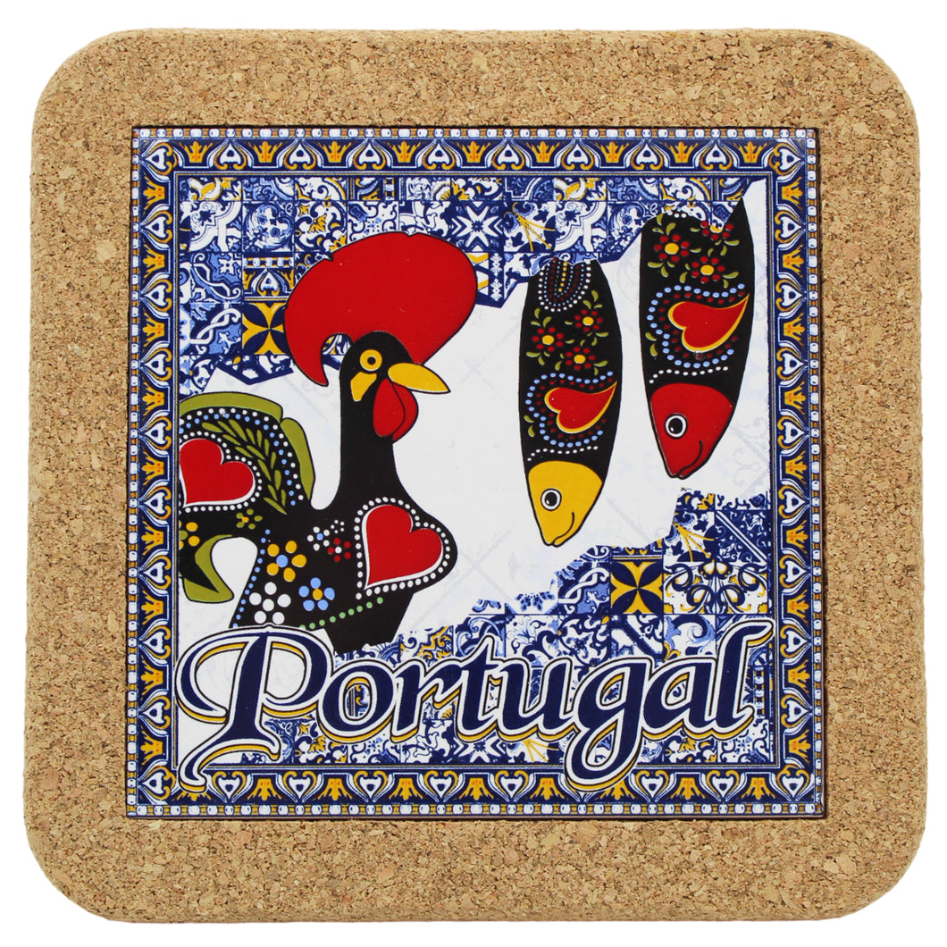 Portuguese Rooster & Sardine Tile & Cork Trivet - Azulejo Pattern Blue & White