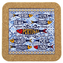 Load image into Gallery viewer, Portuguese Sardine Tile &amp; Cork Trivet - Azulejo Pattern with Cities of Portugal
