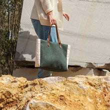 Load image into Gallery viewer, Green Canvas Tote Bag with Leather Straps and Beige Floral Side Accents - Made in Portugal
