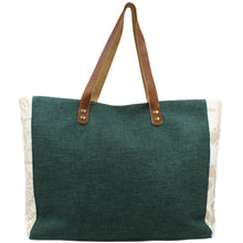 Load image into Gallery viewer, Green Canvas Tote Bag with Leather Straps and Beige Floral Side Accents - Made in Portugal
